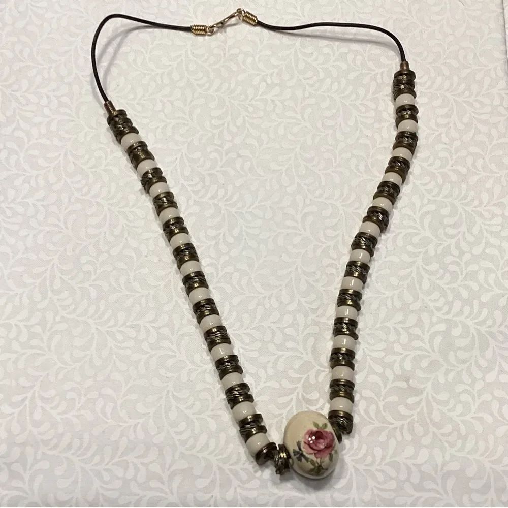 Handcrafted Cream Ceramic Bead Necklace with Rose Accent